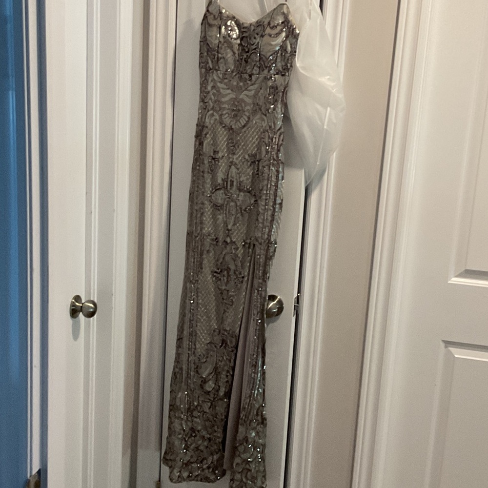 Betsy & Adam Silver Sequin Strapless Evening Gown